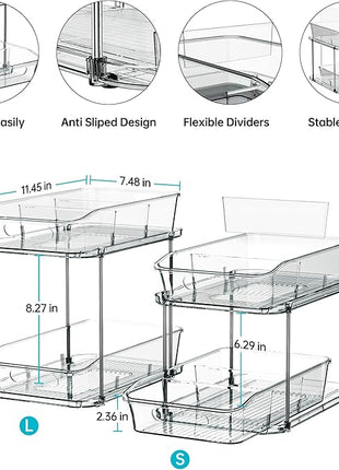 Delamu 2-Tier Under Sink Organizers and Storage, Multi-Purpose Stackable Bathroom Cabinet Organizers, Pull Out Kitchen Pantry Organization and Storage with Dividers(2 Pack, Grey)