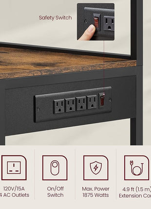 VASAGLE Bakers Rack with Power Outlet, 35.4 Inches Microwave Stand, Coffee Bar, 4 AC Outlets, with Adjustable Shelves, 8 S-Hooks, Basket, Spice Racks, Rustic Brown and Ink Black UKKS031K01