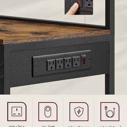 VASAGLE Bakers Rack with Power Outlet, 35.4 Inches Microwave Stand, Coffee Bar, 4 AC Outlets, with Adjustable Shelves, 8 S-Hooks, Basket, Spice Racks, Rustic Brown and Ink Black UKKS031K01