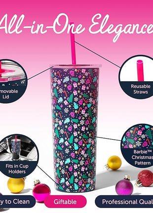 Dragon Glassware x Barbie 24 oz Insulated Stainless Steel Tumbler with Lid and 2 Straws - Festive Holiday Travel Coffee Tumbler Cup to Keep Drinks Hot or Cold, Fits Cup Holders - Christmas Theme