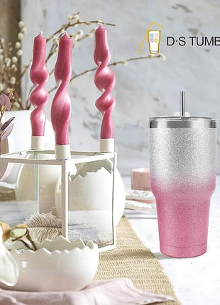 D·S 30 oz Tumbler Pink Glitter Gradient Cup Stainless Steel Double Wall Vacuum Insulated Mug with Straw and Lid, Cleaning Brush for Cold and Hot Beverages