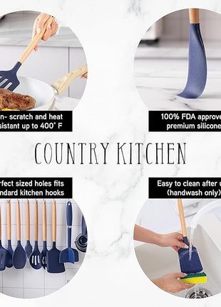 Country Kitchen Non Stick Silicone Utensil Set with Rounded Wood Handles for Cooking and Baking, 38 Piece Set, Navy