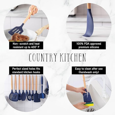 Country Kitchen Non Stick Silicone Utensil Set with Rounded Wood Handles for Cooking and Baking, 38 Piece Set, Navy
