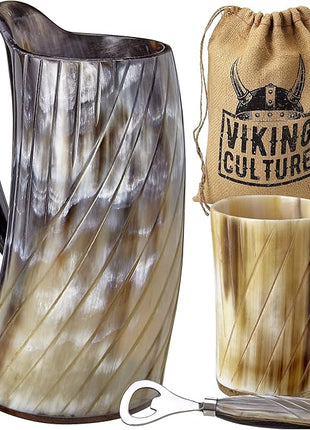 Viking Culture Ox Horn Mug, Shot Glass, and Bottle Opener (3 Pc. Set) Authentic 16-oz. Ale, Mead, and Beer Tankard | Vintage Stein with Handle | Polished Finish | Diagonal Stripes