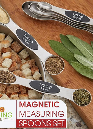 Spring Chef Stainless Steel Magnetic Measuring Spoons Set of 8 with Leveler, Dual Sided Metal Teaspoon & Tablespoon Measuring Spoons, Nesting Kitchen Gadgets for Baking & Cooking - 2 Pack - Black
