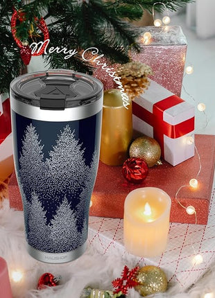 HAUSHOF 20oz Christmas Tumbler, Stainless Steel and Double Wall Insulated Travel Coffee Mug with Lid, Good Choice for Christsmas Gifts-Navy Blue with Pine Tree