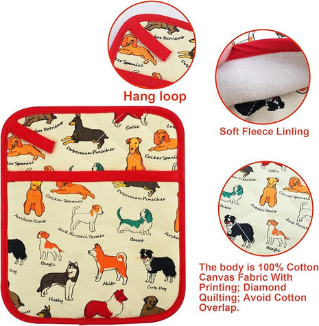 Pot Holders Set of 2 Heat Resistant 480℉ Kitchen 100% Cotton Comfortable Lining Printing Dog Flower Women Men Home Cooking Baking Microwave BBQ Gift(Dog)