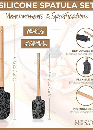 Silicone Spatula set of 2 with wooden handle and stunning pattern (Black)