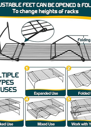 P&P CHEF Cooling Rack, 5-Tier Stainless Steel Stackable Baking Cooking Racks for Cooling Roasting Grilling, Collapsible & Heavy Duty, Oven Safe & Easy Clean, 15" x 10", Black