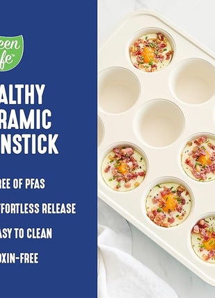 GreenLife 12-Cup Muffin Pan, PFAS-Free Healthy Nonstick Baking Tray, 11.4" x 1.9" x 15.9", Durable Ceramic Bakeware, Cupcakes, Egg Bites, Tarts, Brownies, Blue