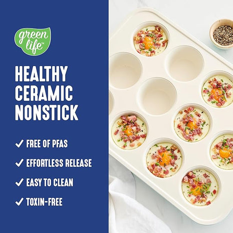 GreenLife 12-Cup Muffin Pan, PFAS-Free Healthy Nonstick Baking Tray, 11.4" x 1.9" x 15.9", Durable Ceramic Bakeware, Cupcakes, Egg Bites, Tarts, Brownies, Blue
