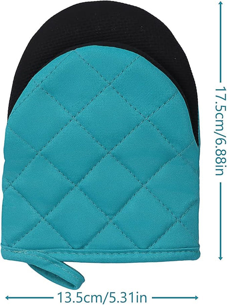 1 Pair Short Oven Mitts, Heat Resistant Silicone Kitchen Mini Oven Mitts for 500 Degrees, Non-Slip Grip Surfaces and Hanging Loop Gloves, Baking Grilling Barbecue Microwave Machine Washable