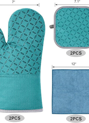 KEGOUU Oven Mitts and Pot Holders 6pcs Set, Kitchen Oven Glove High Heat Resistant 500 Degree Extra Long Oven Mitts and Potholder with Non-Slip Silicone Surface for Cooking (Lake Blue)