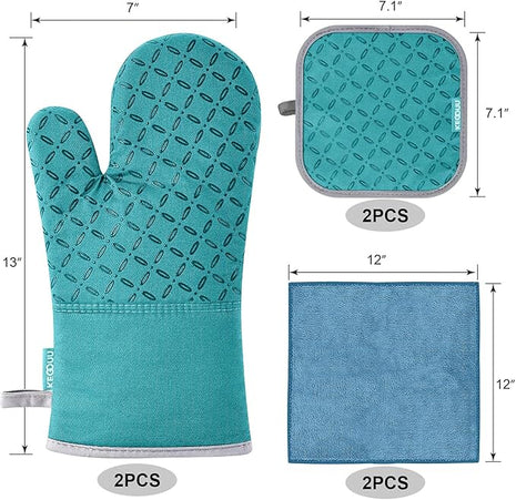 KEGOUU Oven Mitts and Pot Holders 6pcs Set, Kitchen Oven Glove High Heat Resistant 500 Degree Extra Long Oven Mitts and Potholder with Non-Slip Silicone Surface for Cooking (Lake Blue)