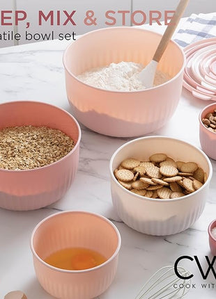 COOK WITH COLOR Prep Bowls with Lids- Wide and Deep Nesting Plastic Small Mixing Bowl Set with Lids, 12 Piece Set - Deep Bowls, Pink
