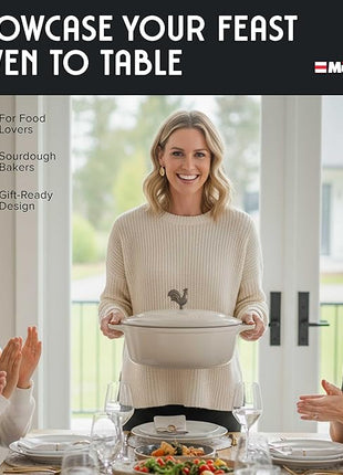 MUELLER HOME 5.5 Quart Enameled Cast Iron Oval Dutch Oven with Rooster Knob & Cotton Potholders, Heavy-Duty Cookware, Oven-Safe up to 500° F & Across All Cooktops, Gifts for Grandma & Women, White