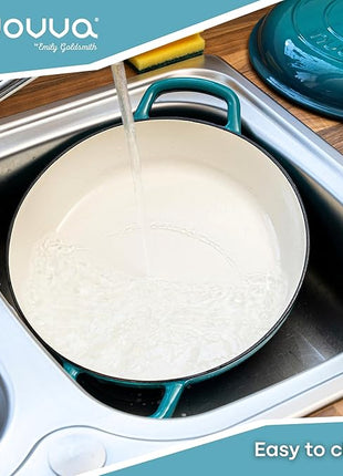 Cast Iron Dutch Oven with Lid – Non Stick Shallow Dutch Oven Pot, Oven Safe up to 500° F – Sturdy Cooking Pot – Enamelled Stockpot Cookware – Teal, 3.7-Quart, 30cm – by Nuovva