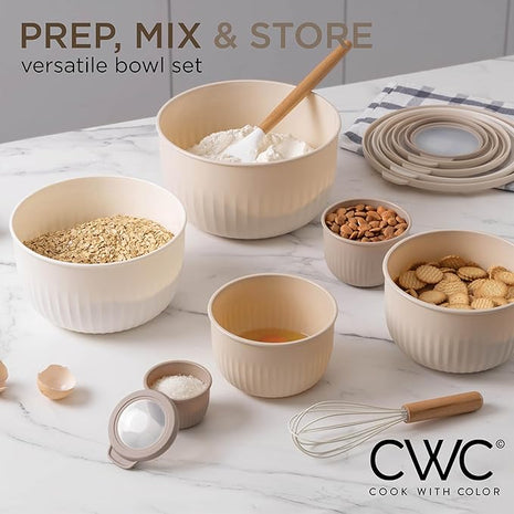 COOK WITH COLOR Prep Bowls with Lids- Wide and Deep Nesting Plastic Small Mixing Bowl Set with Lids, 12 Piece Set - Deep Bowls, Brown