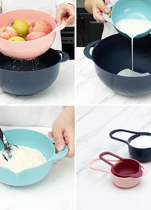 COOK WITH COLOR Nesting Bowls with Measuring Cups Colander and Sifter Set - Includes Mixing Bowls, Colander, Sifter and Measuring Cups, Navy, 8 Pc Bowl