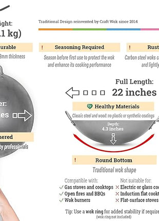 Craft Wok Traditional Hand Hammered Chinese Carbon Steel Wok with Wooden and Steel Helper Handle (14 Inch, Round Bottom Pow Wok Pan) / 731W88