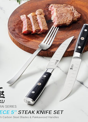 KYOKU Steak Knife Set of 6, Samurai Series 5" Steak Knives, Non Serrated High Carbon Steel Knives Set with Case Pakkawood Handles Mosaic Pins Sheaths, Ultra Sharp Dinner and Kitchen Knife Cutlery Set