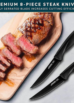 Home Hero High-Carbon Stainless Steel Steak Knife Set - Sharp Serrated Knives & Nonstick Coating - Ergonomic TPR-Coated Handles - Rust-Resistant Blades & Hand Wash - 8-Piece Set, Black