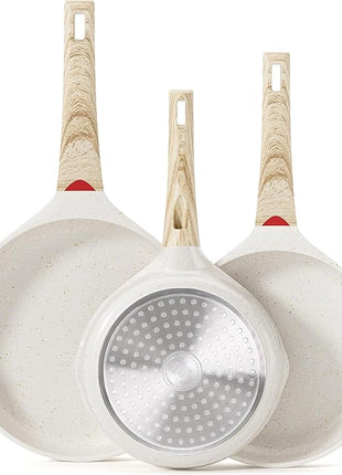 Caannasweis Nonstick Granite Frying Pan Skillet, Non Stick Omelette Fry Pans, Omelet Egg Pan, Stone Cookware Chef's Pan, Induction Compatible, PFOA Free (Beige, 3 Pcs)