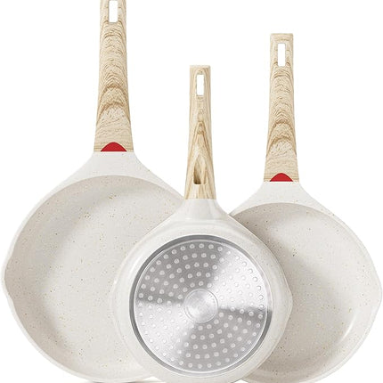 Caannasweis Nonstick Granite Frying Pan Skillet, Non Stick Omelette Fry Pans, Omelet Egg Pan, Stone Cookware Chef's Pan, Induction Compatible, PFOA Free (Beige, 3 Pcs)