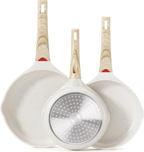 Caannasweis Nonstick Granite Frying Pan Skillet, Non Stick Omelette Fry Pans, Omelet Egg Pan, Stone Cookware Chef's Pan, Induction Compatible, PFOA Free (Beige, 3 Pcs)