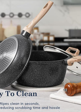 12 Pcs Pots and Pans Set, Nonstick Cookware Sets Black Granite Induction Cookware, Non-toxic Healthy Non Stick Kitchen Cooking Set with Frying Pans Set, Saucepans,Steamer (PFAS, PFOA, PFOS Free)