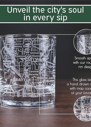Greenline Goods Whiskey Glasses - 10 Oz Tumbler Set for Seattle lovers, Etched with Seattle Map | Old Fashioned Rocks Glass - Set of 2