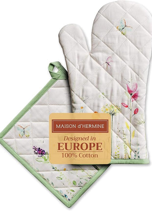 Maison d' Hermine 100% Cotton Oven Mitt & Pot Holder Set (7.5"x13" & 8"x8") Heat Resistant BBQ Cooking Gloves with Loop, Baking, Grilling, Kitchen, Handling Hot Pans Spring/Summer (Botanical Fresh)
