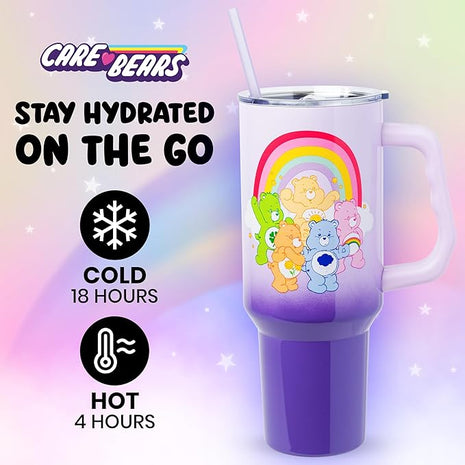 Silver Buffalo Care Bears Rainbow Featuring Funshine, Cheer, Grumpy, Friend, and Good Luck Bear Stainless Steel Tumbler with Handle and Straw, Fits in Standard Cup Holder, 40 Ounces