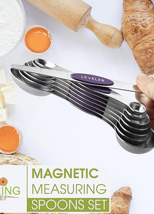 Spring Chef Purple Stainless Steel Magnetic Measuring Spoons Set of 8 with Leveler, Dual Sided Metal Teaspoon & Tablespoon Measuring Spoons, Kitchen Gadgets for Baking & Cooking, Fits in Spice Jars