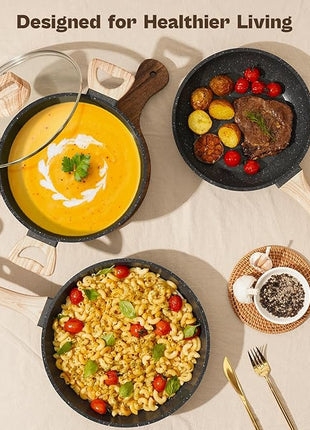 13 Pcs Pots and Pans Set, Nonstick Cookware Sets Black Granite Induction Cookware, Non-toxic Healthy Non stick Kitchen Cooking Set with Frying Pans Set, Saucepans (PFAS/PFOA/PFOS Free)