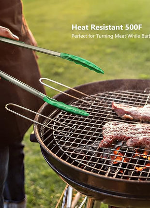 Set of 2 Kitchen Tongs, Premium Stainless Steel Locking 9-Inch & 12-Inch Silicone Grilling Barbeque Cooking Food Tong, Dark Green