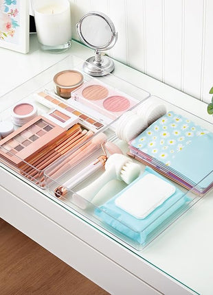 STORi SimpleSort 2-Piece Stackable Clear Drawer Organizer Set | 15" x 6" x 2" Rectangle Trays | Wide Makeup Vanity Storage Bins and Office Desk Drawer Dividers | Made in USA