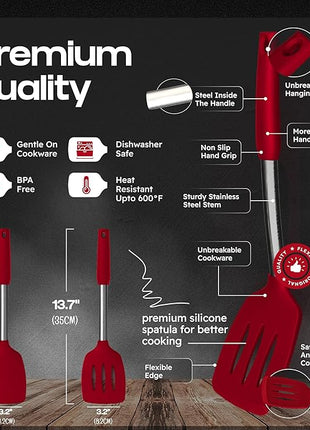 Silicone Spatula Set - Turner Spatulas Silicone Heat Resistant 600°F - Slotted & Solid Spatula for Cooking Fish, Eggs, Pancakes Flipper – Spatulas for kitchen use – Red