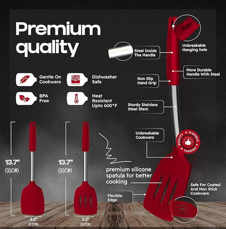 Silicone Spatula Set - Turner Spatulas Silicone Heat Resistant 600°F - Slotted & Solid Spatula for Cooking Fish, Eggs, Pancakes Flipper – Spatulas for kitchen use – Red