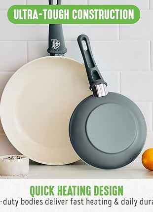 GreenLife Non Stick Fry Pan Set (7" & 10"), Non-Toxic PFAS-Free Ceramic Skillets, Dishwasher & Oven Safe, Egg Omelet Frying Pans, Stay- Cool Handles, Kitchen Home Cooking Essentials, Gray