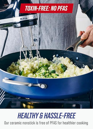 Blue Diamond 5QT Saute Pan with Lid, Non Toxic PFAS-Free Diamond Ceramic Nonstick, Dishwasher & Oven Safe, Metal Utensil Safe, Deep Jumbo Cooker Skillet with Helper Handle, Glass Lid, Blue