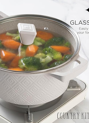 Country Kitchen Non-Stick Cast Aluminum Cookware Set - Durable Kitchen Cookware for Everyday Cooking, Cream Rhombus, 11 Pc.