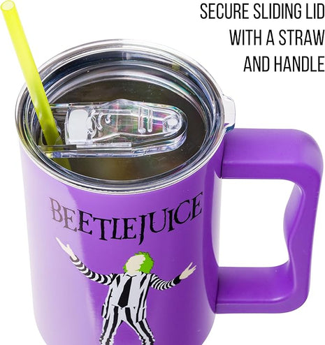 Silver Buffalo Tim Burton Beetlejuice Stainless Steel Tumbler with Handle and Straw, Fits in Standard Cup Holder, 40 Ounces