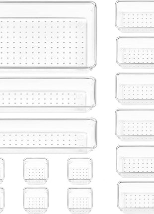 Vtopmart 15 PCS Clear Plastic Drawer Organizers Set, 4-Size Versatile Bathroom and Vanity Organizer Trays, Non-Slip Storage Containers for Makeup, Jewelries, Bedroom，Kitchen Utensils and Office