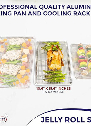 KITCHENATICS Aluminum Jelly Roll Pan 15x10 and Stainless Steel Rack Set, Baking Pan with Rack for Oven Cooking, Baking Sheet with Cooling Rack - Heavy Duty Sheet Pan and Bacon Rack