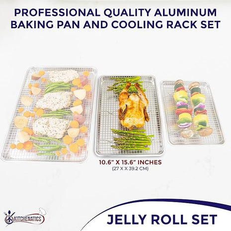 KITCHENATICS Aluminum Jelly Roll Pan 15x10 and Stainless Steel Rack Set, Baking Pan with Rack for Oven Cooking, Baking Sheet with Cooling Rack - Heavy Duty Sheet Pan and Bacon Rack