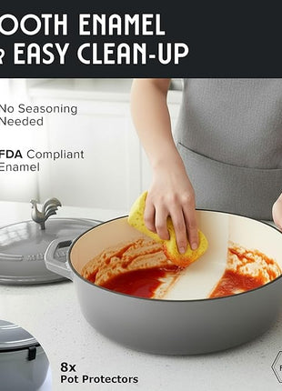 MUELLER HOME 5.5 Quart Enameled Cast Iron Oval Dutch Oven with Rooster Knob & Cotton Potholders, Heavy-Duty Cookware, Oven-Safe up to 500° F & Across All Cooktops, Gifts for Grandma & Women, Gray