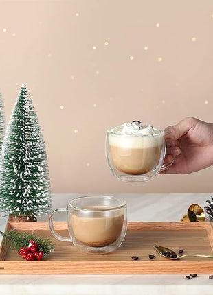 CNGLASS 8oz Double Wall Glass Coffee Mugs,Clear Insulated Espresso Glass Mugs with Handle for Latte,Cappuccino,Coffee,Set of 4