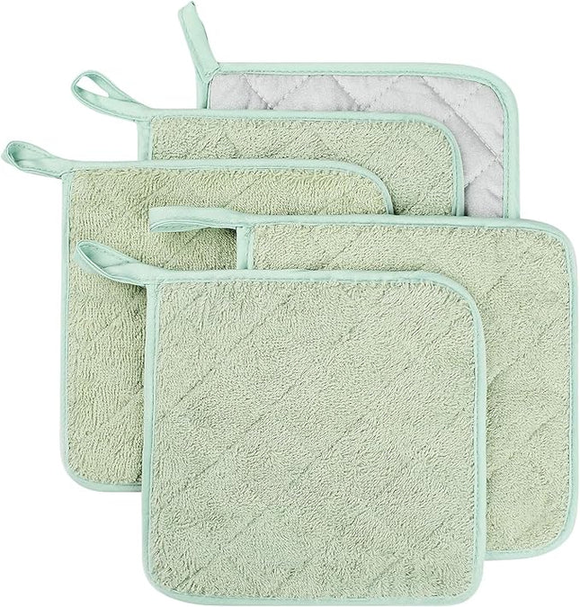 100% Cotton Kitchen Everyday Basic Terry Pot Holder Heat Resistant Coaster Potholder for Cooking and Baking Set of 5 Mint Green