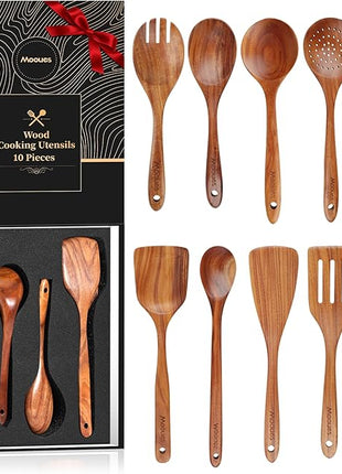 10-Piece Wooden Spoons for Cooking - Natural Teak Cooking Utensils with Premium Gift Box - Kitchen Gift Set -Soft Comfort-Grip Wood Spoons for Cooking